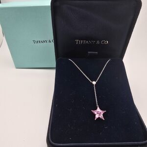 $4800 Rare Tiffany & Co Pink Sapphire Diamond Platinum Lariat pendant necklace
